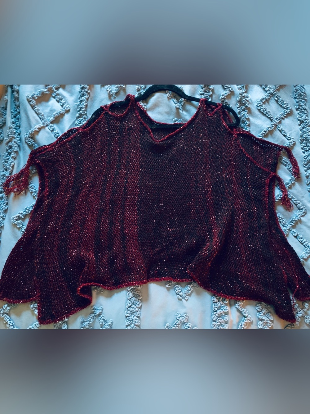 Y2K Off-the-Shoulder Burgundy Metallic Knit Capelet Poncho with Side Tie Details